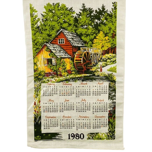 Vintage 1980 Calendar Tea Towel Old Mill Fishing Linen 17x27 For Hanging Display - Picture 1 of 4